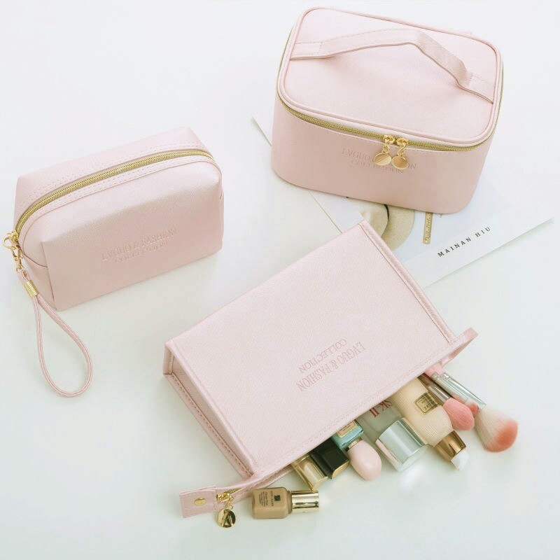 PURDORED 1 Pc Solide Rosa Kosmetik Tasche PU Leder Frauen machen-hoch Tasche Reise Wasserdichte Waschen Tasche machen-hoch Veranstalter Schönheit fallen