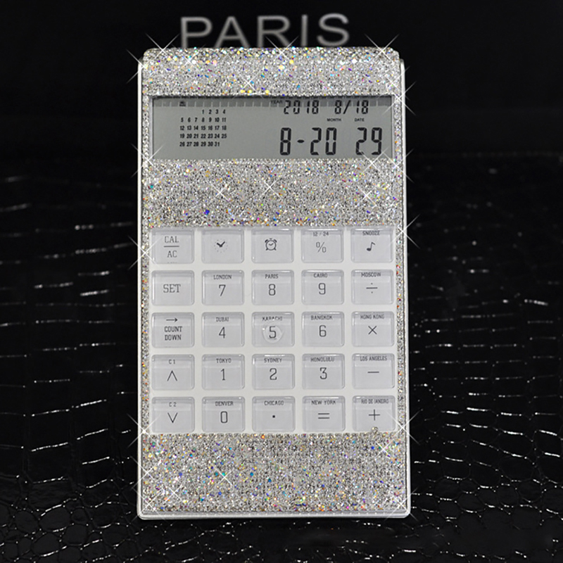 8 Digits Crystal Office Calculator with Calendar Time Alarm Clock for Fashionable Desk Decorative Calculator, Office, Home
