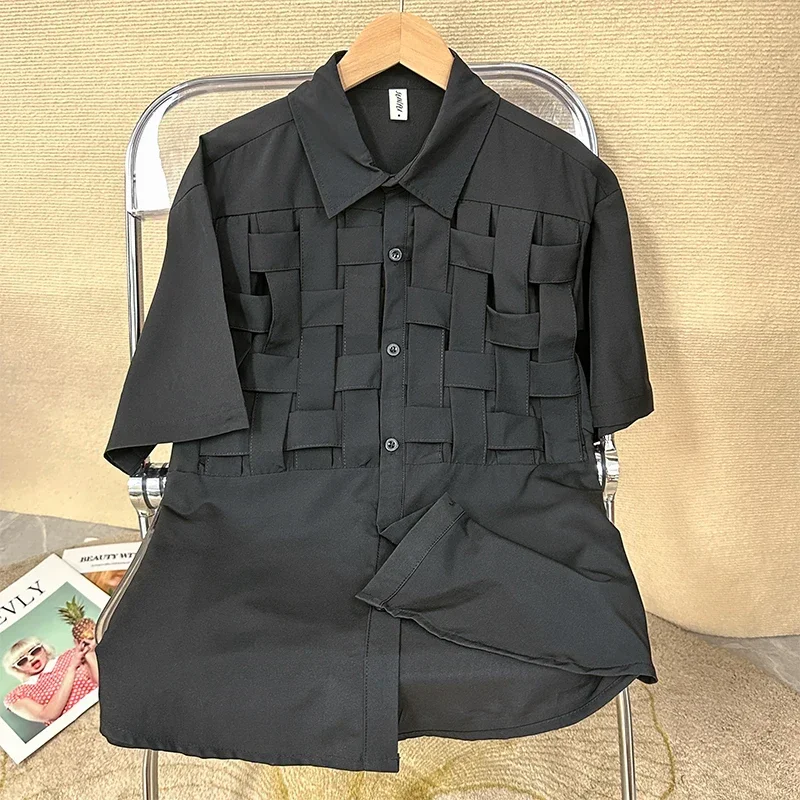 EBAIHUI, camisas lisas con agujeros para mujer, solapa, manga larga, cintura suelta, blusa de retales a la , camisa informal de poliéster para mujer 2024: M / Azul marino