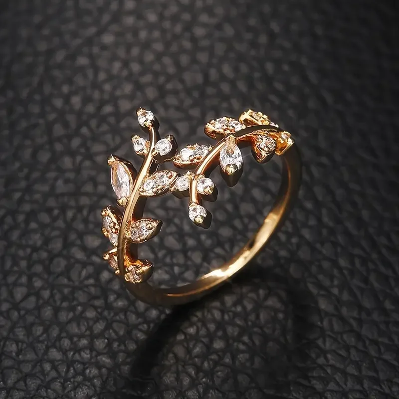 Anillos de apertura de hoja de olivo a la para mujer con incrustaciones de circonia cúbica brillante, accesorios simples y elegantes para dedo, de para chica, Nueva joyería Jahльца: Oro