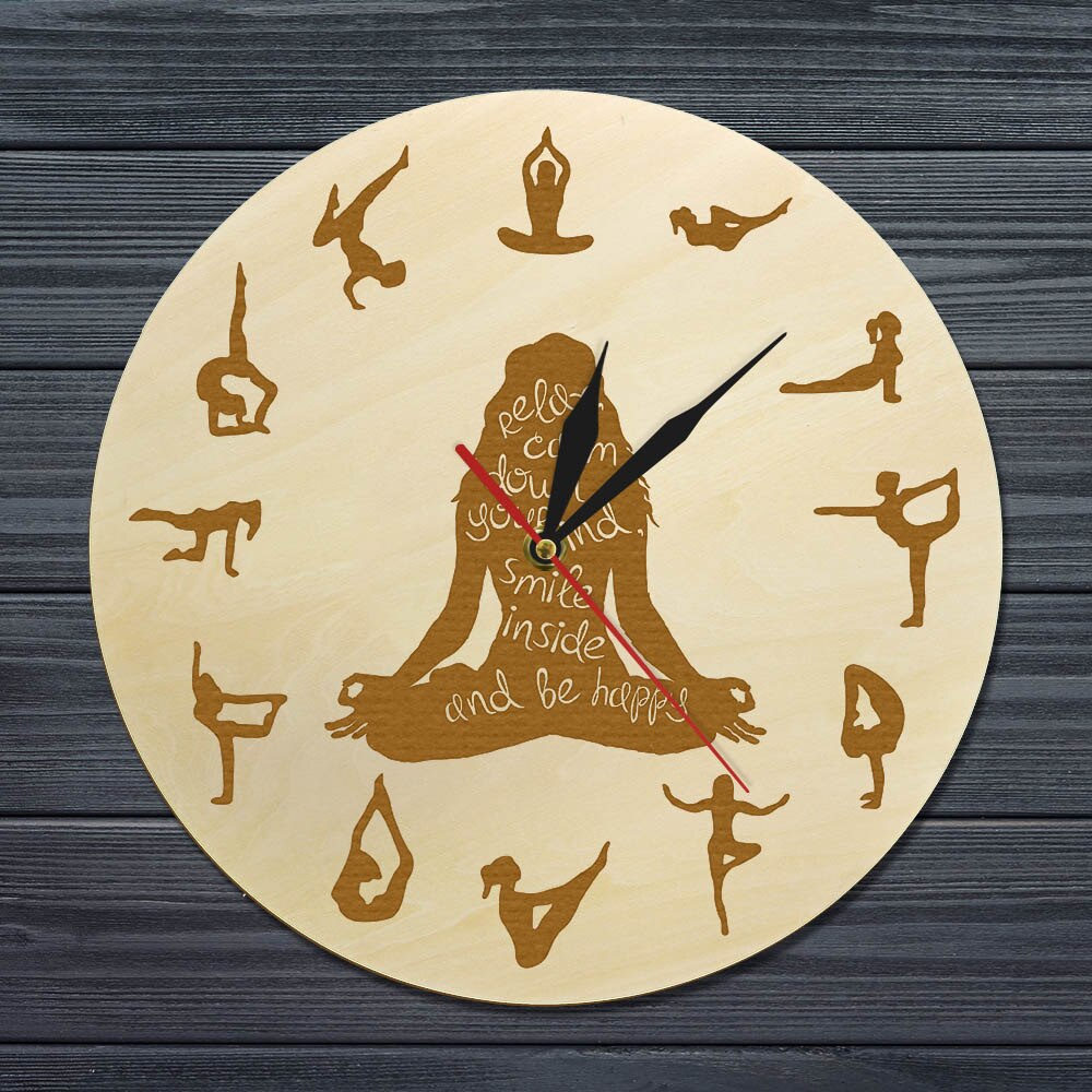 Yoga Pose Wooden Wall Clock Fitness Home Decor Meditation Spiritual Yoga Silent Non ticking Wall Watch Yoga Studio Zen Wall Art