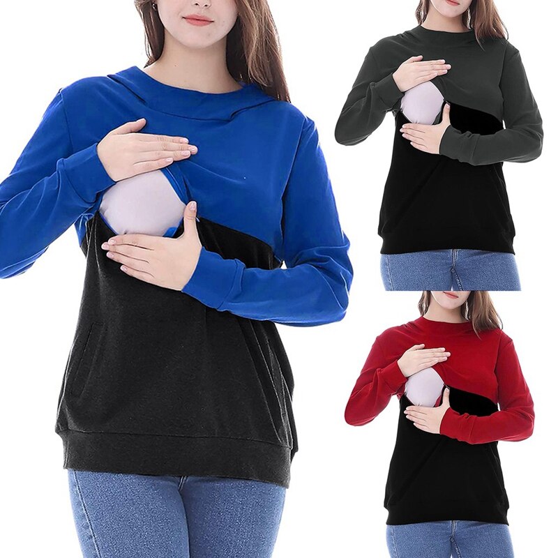 Pregnant Woman Hoodie Maternity Tops Nursing Breastfeeding Clothes Autumn Patchwork Casual Loose Blouse Top de mujer embarazada