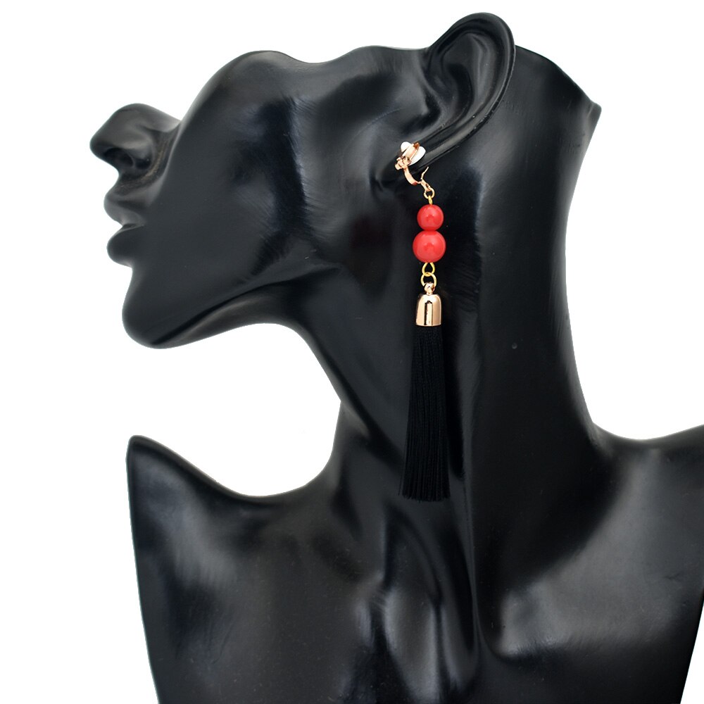 Non Pierced Cotton Silk Tassel Earrings Ear Cuff Earring Bohemia Long Ear Clip Earing Indian Ethnic Jewelry joyas: black