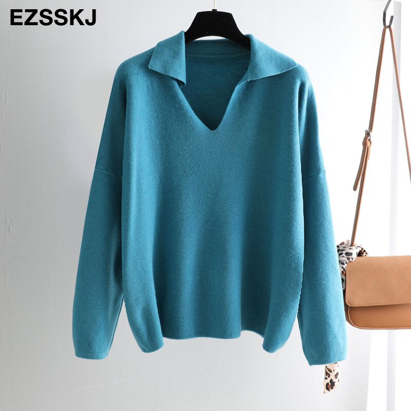 chic turn down collar oversize autumn winter Sweater Women Pullover Casual Long Sleeve loose Sweater Female Jumpers: lakeblue