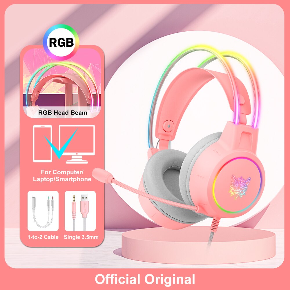 ONIKUMA X15 Pro Over-Ear-Kopfhörer, Gaming-Headset, kabelgebundene Kopfhörer mit Unterdrückung, rosa Katzenohren, RGB-Licht mit Mikrofon für PC PS4: Rosa