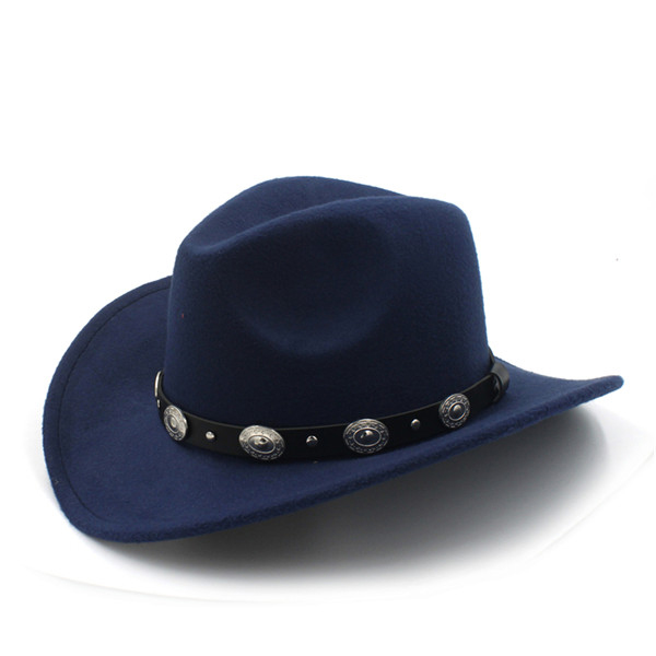 LUCKYLIANJI 100% filc wełniany dzieciak dziecko zachodni kapelusz kowbojski z szerokim rondem punkowa skórzana czapka jazzowa (rozmiar: 54cm regulacja liny): marynarka wojenna