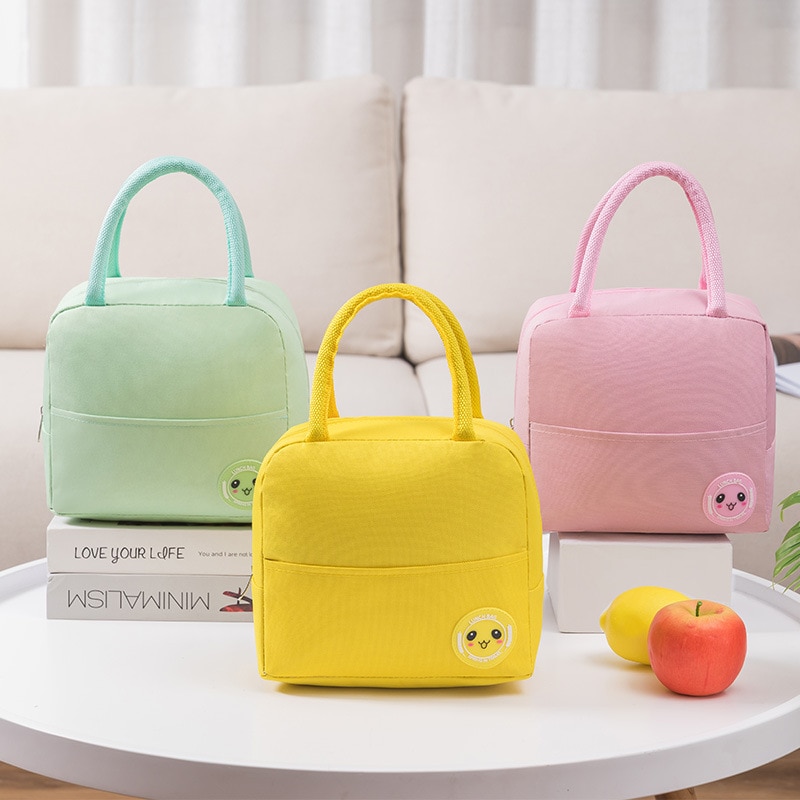 Nueva Color de caramelo fresco bolsos para la comida para mujer niños nevera bolsa de caja de almuerzo nevera fiambrera bolsa de asas portátil de aislamiento