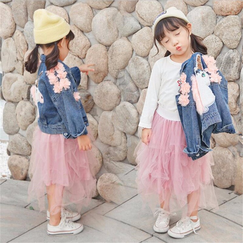 Denim Meisjes Jas voor Baby Kids Uitloper Jas Eenhoorn Kinderkleding Geborduurde Bloemen Meisje Herfst Tops Jassen