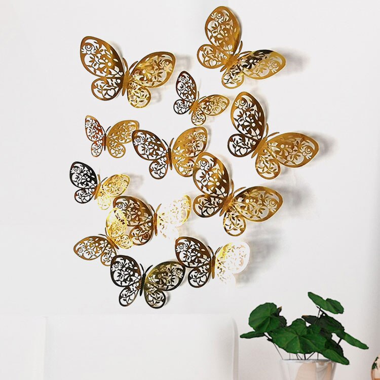 12pcs/set 3D Hollow Butterflies Wall Sticker for Home decoration Living room bedroom for Party Wedding decor Butterfly stickers: Gold I