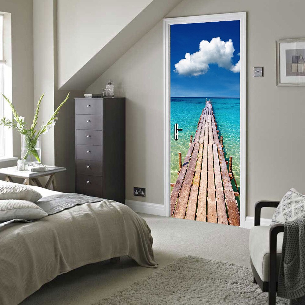 Blue Sky White Cloud Wooden Bridge Door Stickers For Livingroom Bedroom Self Adhesive Wallpapers DIY Renovation Door Decal