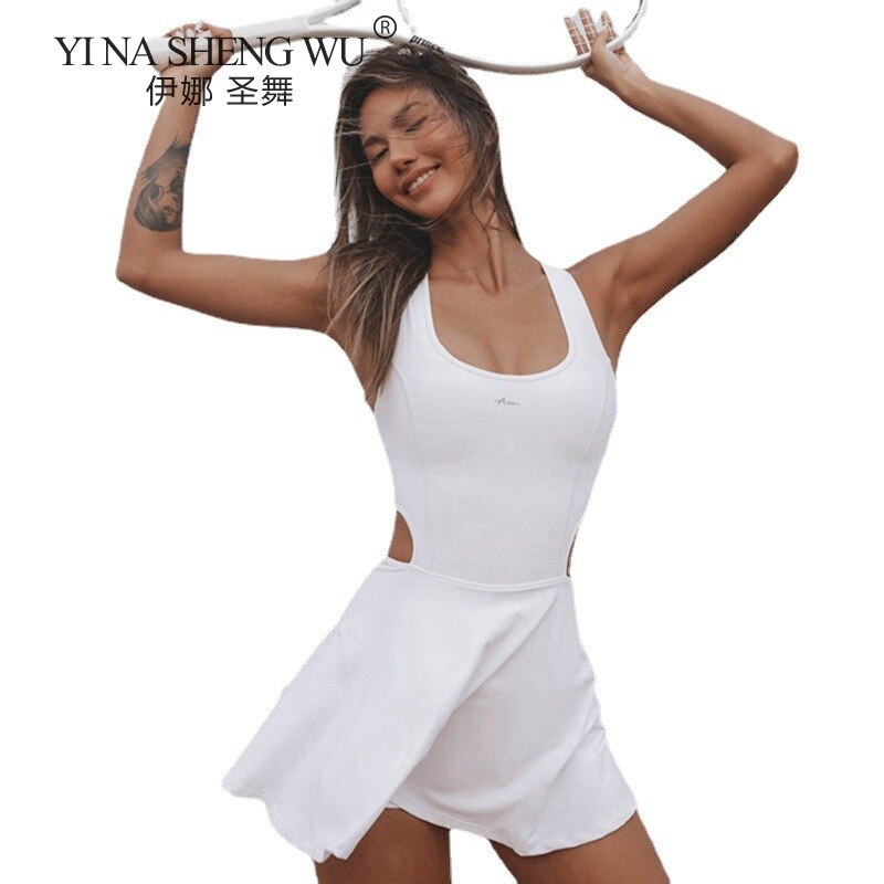 Naadloze Yoga Jumpsuit Sets Vrouwen Mouwloze Gym Kleding Tennis Korte Rok Yoga Set Met Padded Sport Panty Rompertjes Fitness