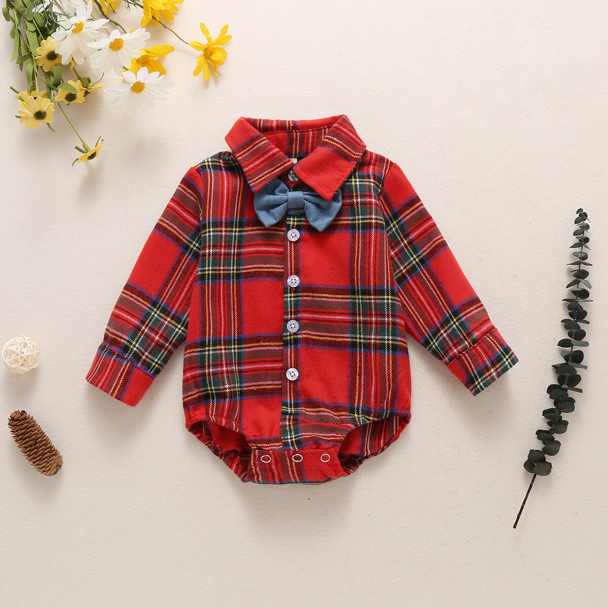 Christmas Baby Boys Gentleman Bodysuits 2Pcs Set Toddler Lapel Plaid Button Long Sleeve Romper + Blue Bow Tie for Children
