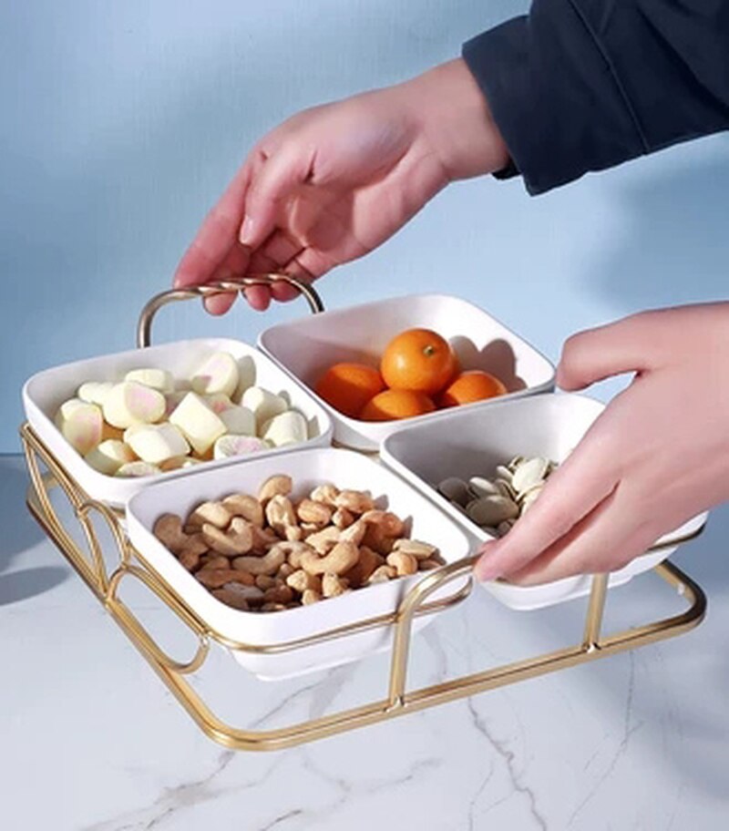 Ceramic Food Tray Dessert Serving Cake Trays Decorative with Iron Stand Kitchen Grid Nut Snack Candy Organized Decoration Trays