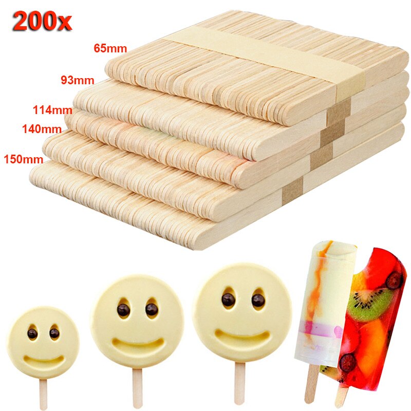 200pcs Wooden Ice Cream Sticks Treat Sticks Freezer Pop Sticks Wooden Sticks for Ice Cream Bars 65/93/114/140/150mm Home Accesso