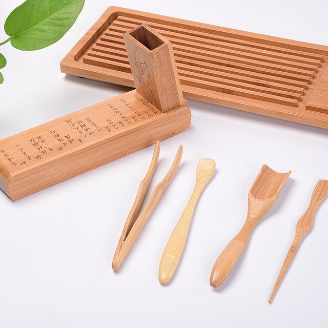 Kit d'ustensiles à thé en bambou chinois, pince à thé/cuillère à thé/aiguille à thé/cannister/entonnoir à thé, cuillère à thé, 21x6x3cm