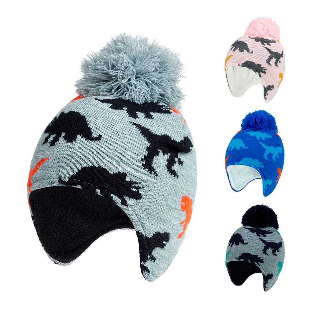 Berretto per bambini cappello di lana modello dinosauro ragazzi e ragazze cappello lavorato a maglia termico cappello Hairball Kawaii cappello caldo invernale 10.23