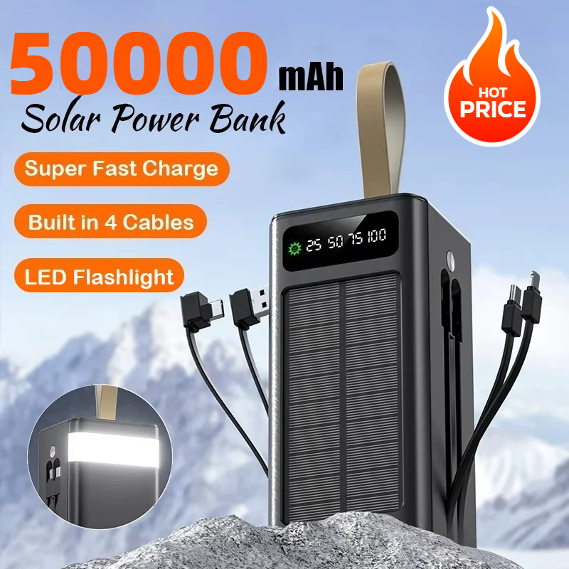 50000 mah solcelle-powerbank med stor kapacitet, indbyggede kabler, eksternt batteri, led-lys, bærbar oplader til iphone