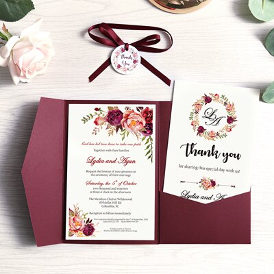 1pc Wedding Invitation Navy Blue Pocket Burgundy Greeting Card with Envelope Party With Ribbon and Tag: DH0001WR