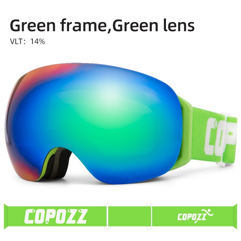 Copozz rammeløse skibriller med snemaske mænd kvinder snowboard beskyttelsesbriller magnetisk  uv400 øjenbeskyttelse anti tåge skiløb: Grøn