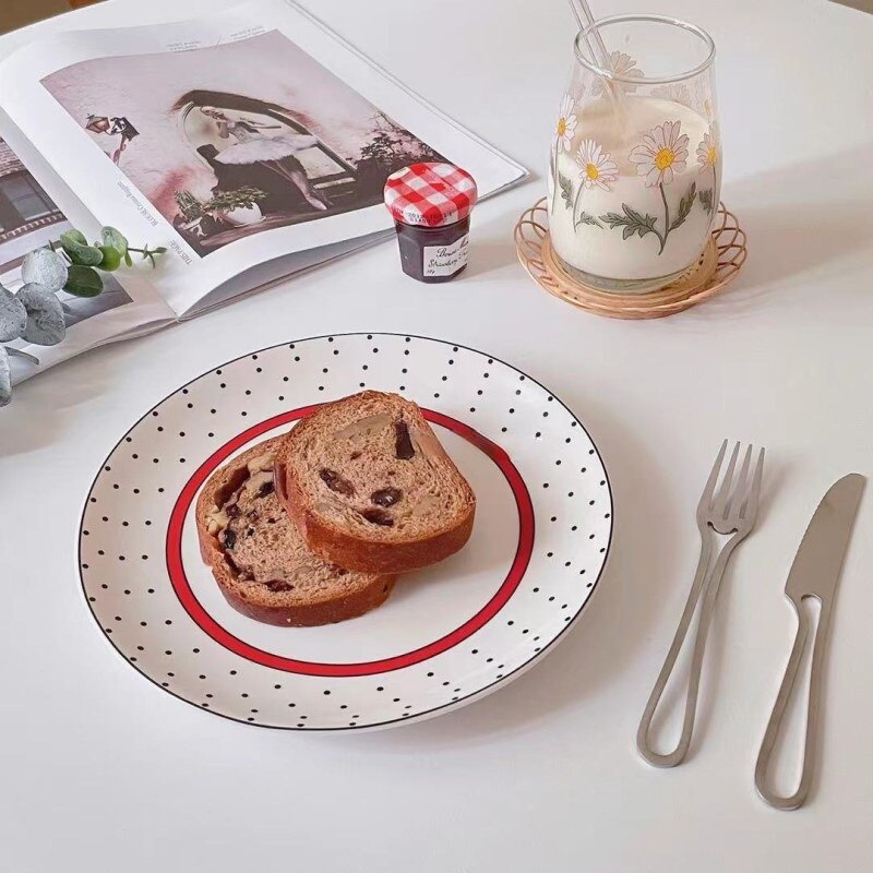 LadyCC Korean Retro Plate Ceramic Red Edge Ceramic Plate Dessert Plate Cake Plate Salad Plate Breakfast Plate