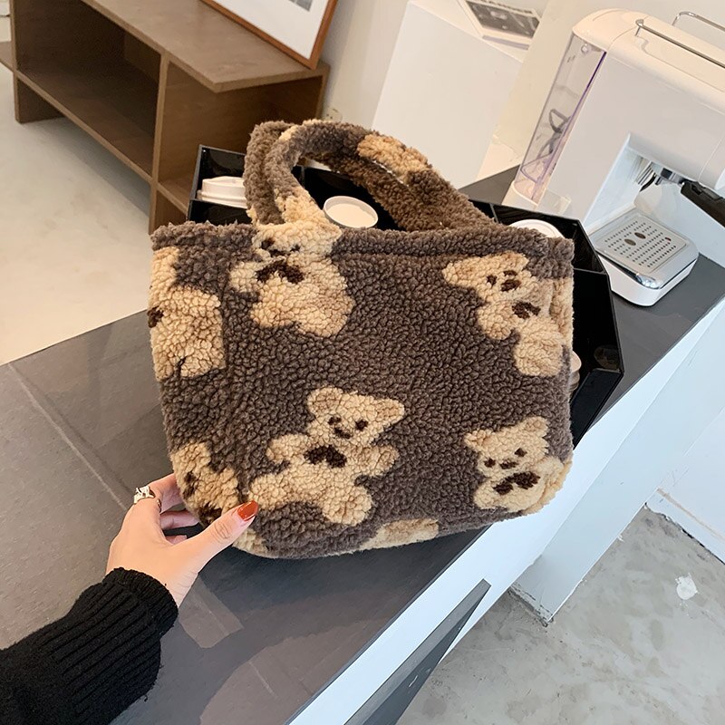 Vrouwen Lam Schouder Draagtas Bont Beer Handtassen Grote Capaciteit Zachte Boodschappentassen Meisjes Leuke Student Schooltas Casual: Bruin