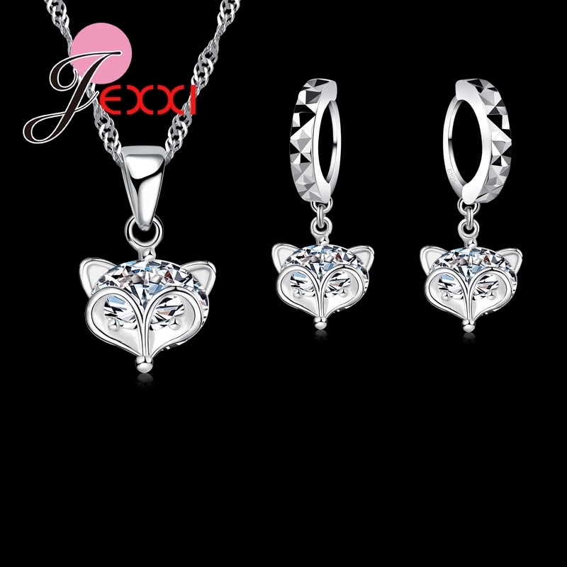 925 Sterling Silver Beauty Bride Wedding Jewelry Sets Fox Shape Crystal Pendant Necklace Earrings