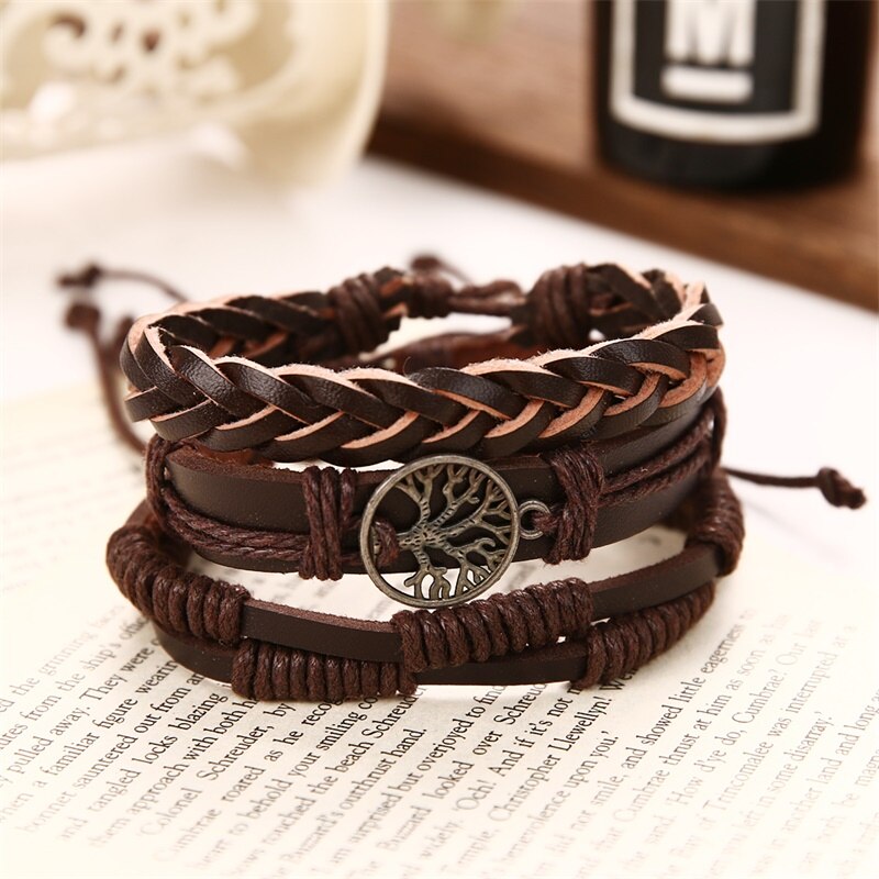 Daxi boom retro multi-layer leren armband heren klassieke touwketting bedelarmband heren sieraden