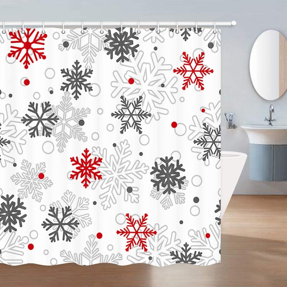 Julduschdraperi stora och små snöflingor röda och grå på vitt polyestertyg badrumsdraperier med krokar: 240 x 180cm-94 x 70 tum