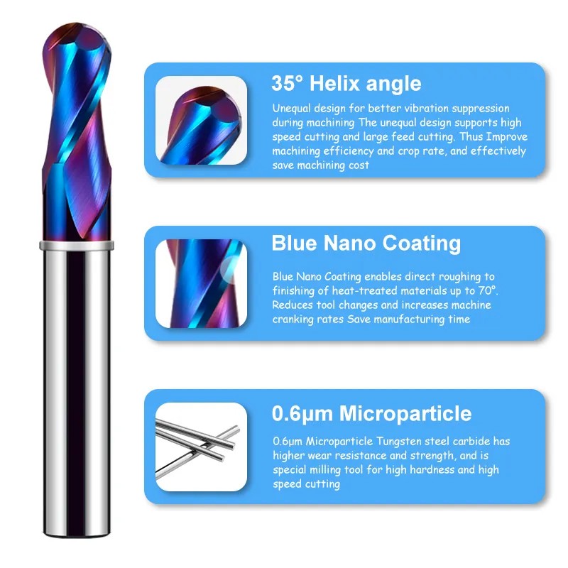 AZZKOR TGA-HRC75 2-Flute Ball End Mill Tungsten Steel Carbide Blue Nano Coating CNC Mechanical Machining Milling Cutter Tools