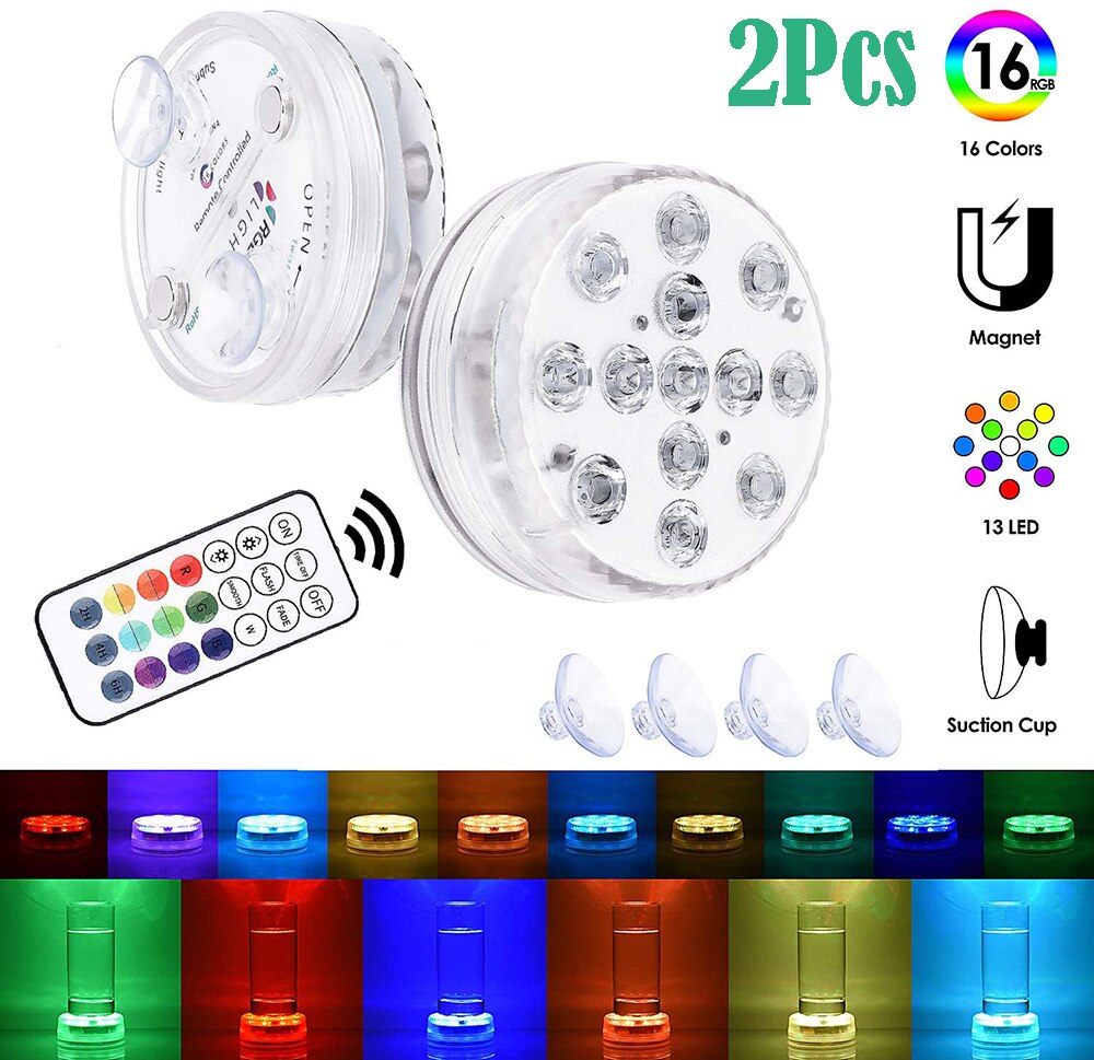 13LED RGB Submersible Lights 16 Color Underwater Light Swimming Pool Lamp IP68 With RF Remote for Fish Tanks Aquariums Bathtub: 2 Lamp 1 Controller
