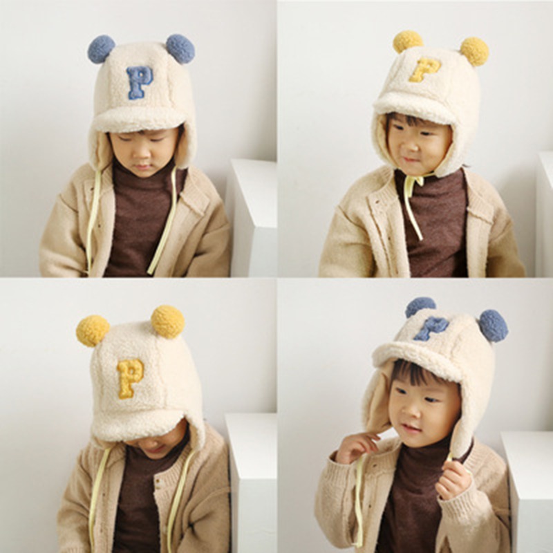 Inverno quente bebê meninos letra p cordeiro veludo earflap chapéu duplo pompom boné beanies para crianças criança gorro eargflap alta qualidade