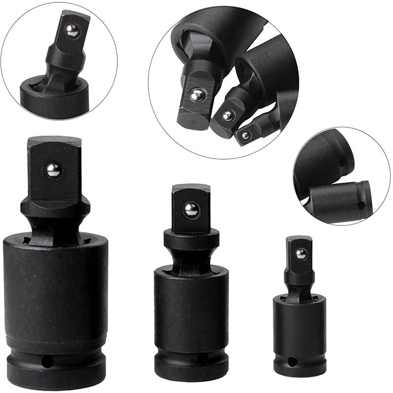 3Pcs 1/4 "3/8" 1/2 "Air Wrench Kruiskoppeling, CR-MO Staal Zwart 360 ° Drive Swivel Impact Dopsleutel Adapter