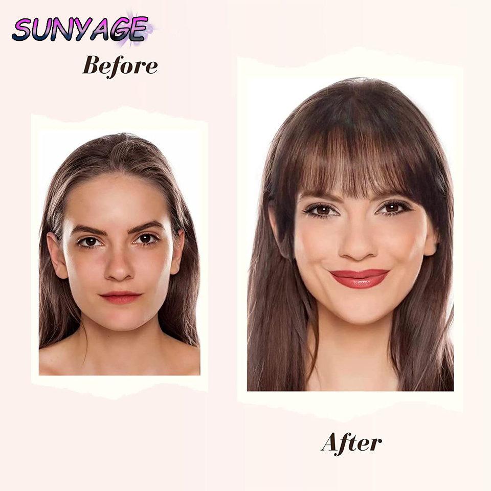 Sunyage natural em linha reta sintética sem corte franja de fibra de alta temperatura marrom feminino clip-in franja completa com franja de cabelo 6 Polegada