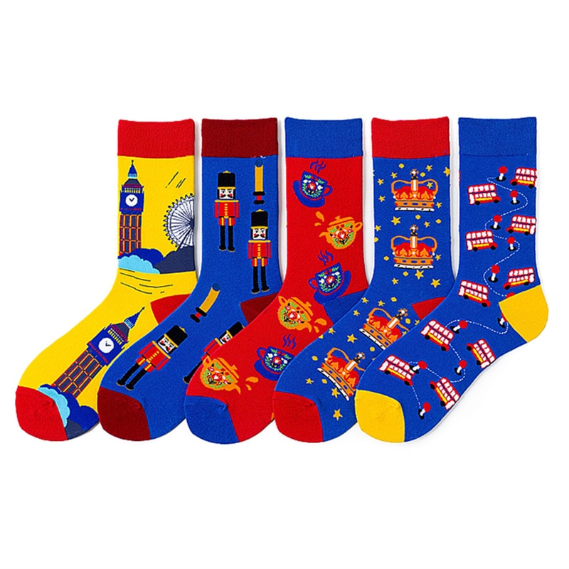 Calcetines divertidos de algodón peinado para Hombre, calcetín con de corona, Big Ben, Noria, tetera, autobús, doble piso