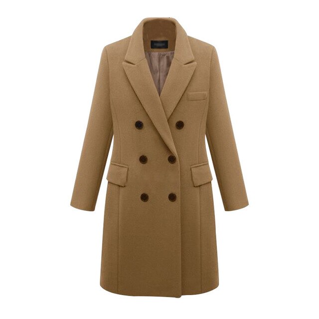 Efterår vinterfrakke kvinder afslappet uld solide jakker blazere kvinde slank dobbeltradet lang frakke damer plus str. 5xl: Khaki / Xxl