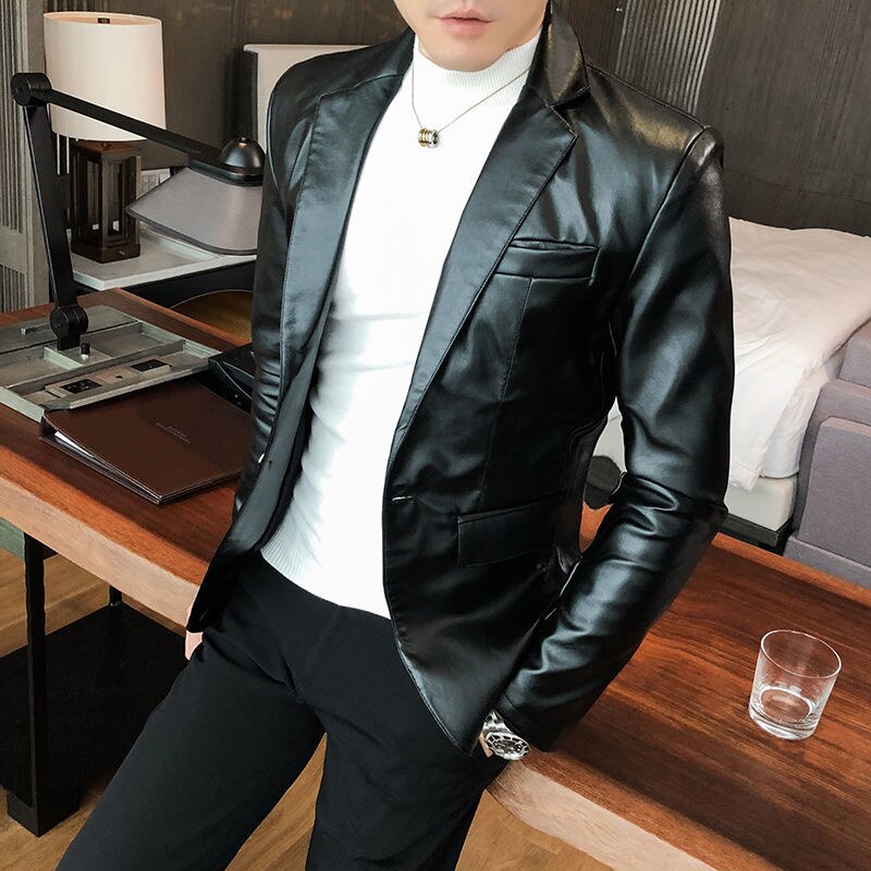 Blazer en cuir pour hommes, costume coréen, Slim, , automne hiver: Black / Korean XL