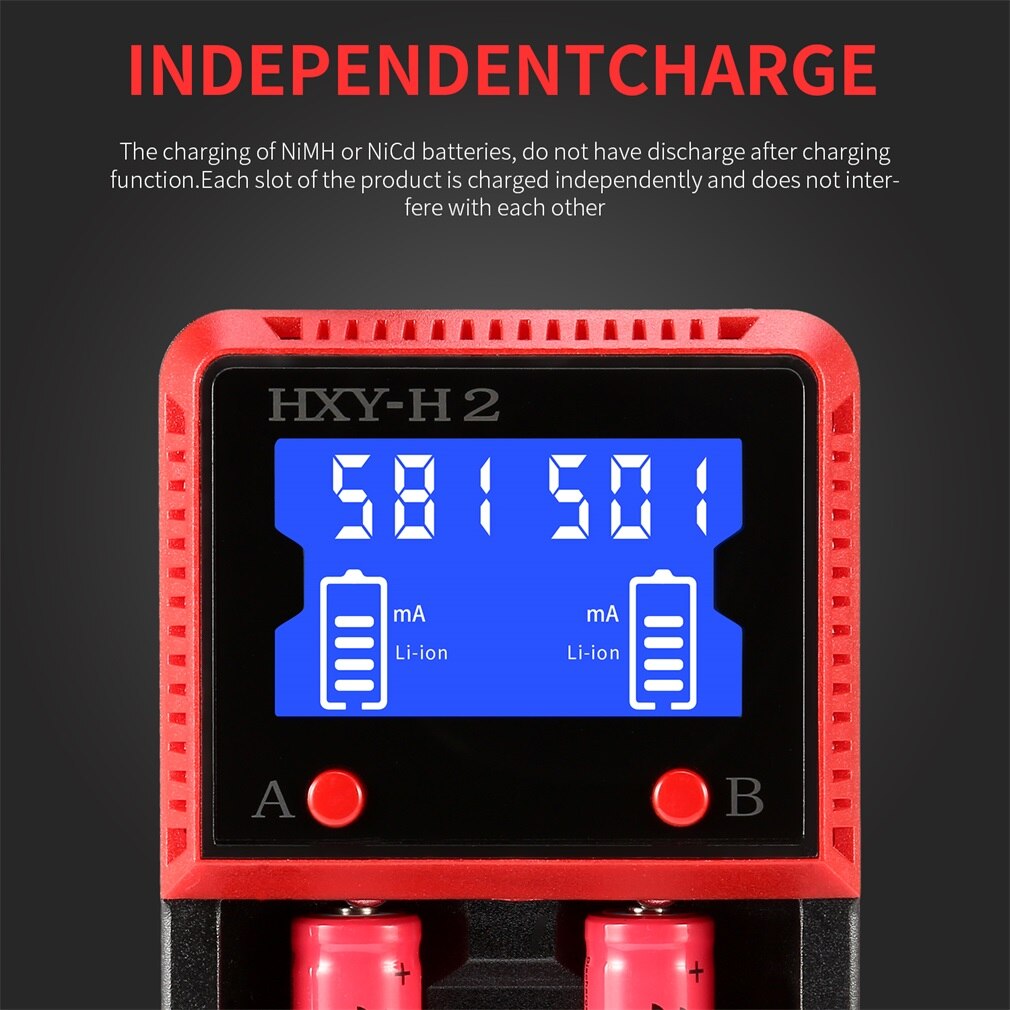 Hxy-H2 Digital Lcd Display Battery Charger Advanced Protection Batteries For 26650/18650/18490/17335/16340/10440 Black