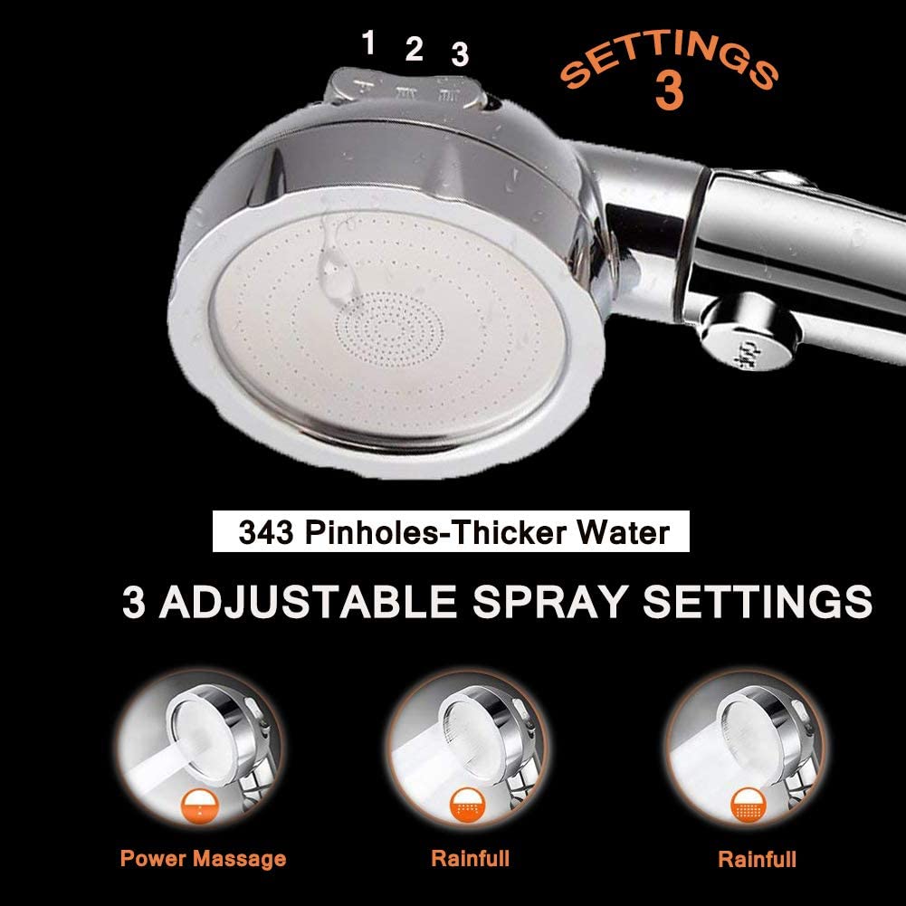 Bathroom Shower Head Stop Button High Pressure 3 Spary Setting Rainfall Jetting 360 degree Adjustable Hand Shower Head
