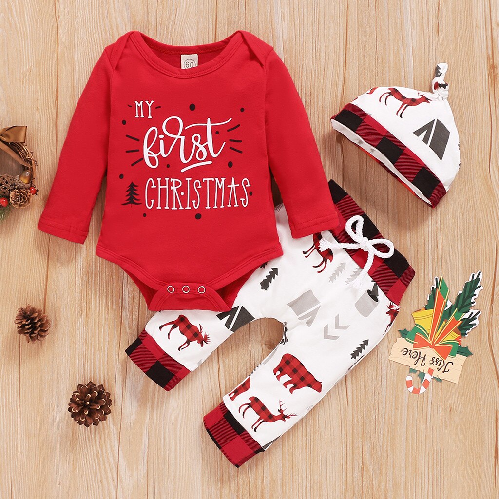 Drei-stück Baby neue Weihnachts Strampler Kleinkind Baby Junge Mädchen Weihnachten knapp Karosserie Strampler + Karikatur Hosen + Hütte Outfits Y4