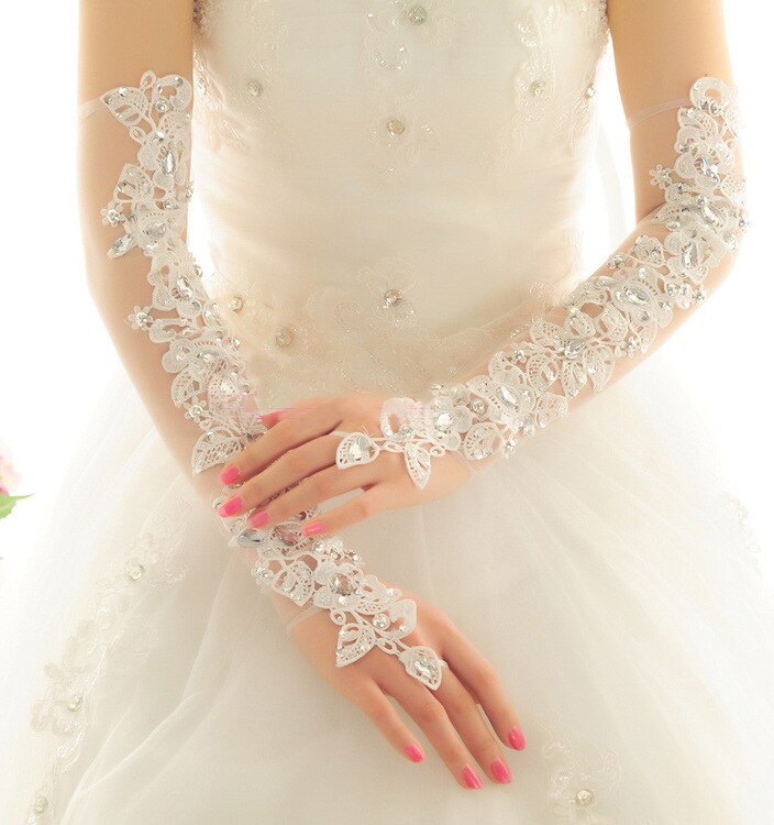 Bride Gloves Long Wedding Dress Gloves Lace Beige Elbow Length Beaded Fingerless