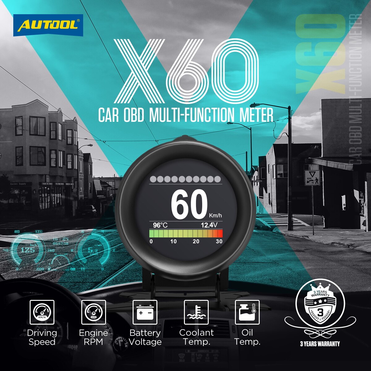 AUTOOL X60 OBD2 Display Speedmeter Tachometer Battery Voltage Water Oil Temperature Gauge Pressure Mileage Auto Scanner HUD