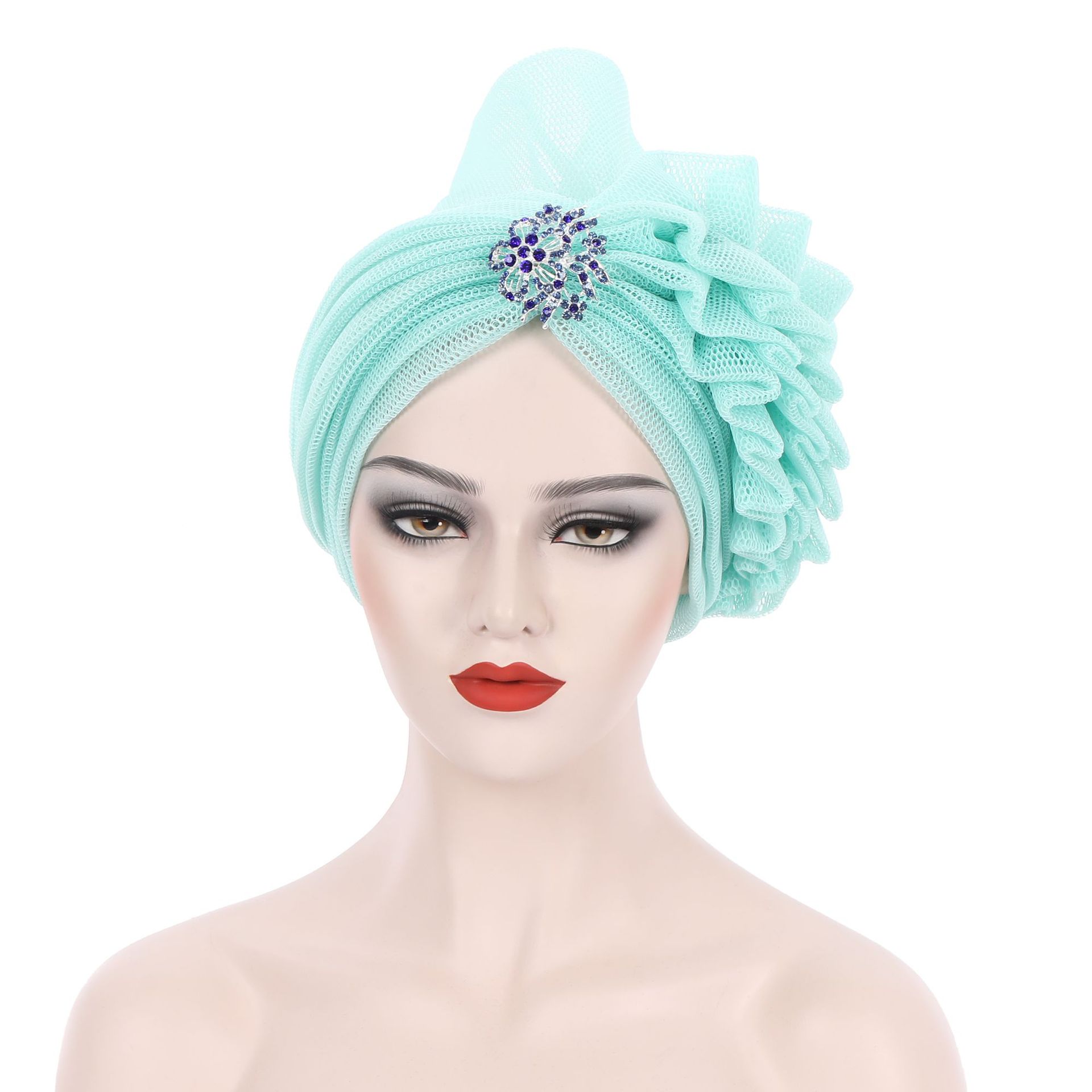 Couvre-chef africain en maille pour femmes, casquette Turban d&#39;été, couvre-chef prêt à porter, avec diamants exagérés, chapeau pour dames, gels de mariage, 2022: cyan-blue