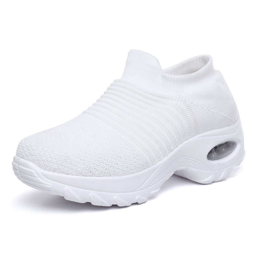 Women Slip On Mesh Walking Shoes Air Cushion Comfortable Platform Working Sneakers ALS88: White / 38