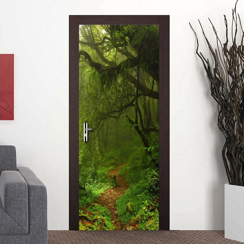 3D Door Mural Green Forest Door Sticker DIY Self-adhesive Waterproof Wallpaper Poster Living Room Home Decoration Wall Decals: 95x215cm