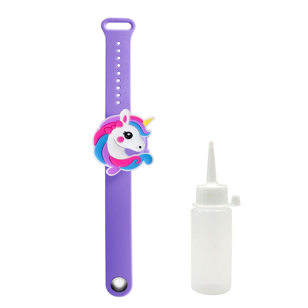 Portátil niños pulsera de mano dispensador de dinosaurio, unicornio desinfectante de manos Gel de pulsera mano apoyo muñeca desinfectante pulsera: purple unicorn