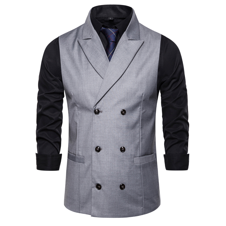Fit Mens Suit Vest Peak Lapel Double-breasted Vests for Men: Gray / XXXL