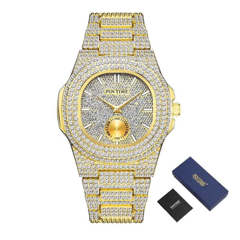 Fashon Iced Out Watch Men Diamond Hip Hop Mens Watches Top Brand Luxury Steel Gold Men Clock Montre Homme Reloj Hombre Relogio: Gold-Box