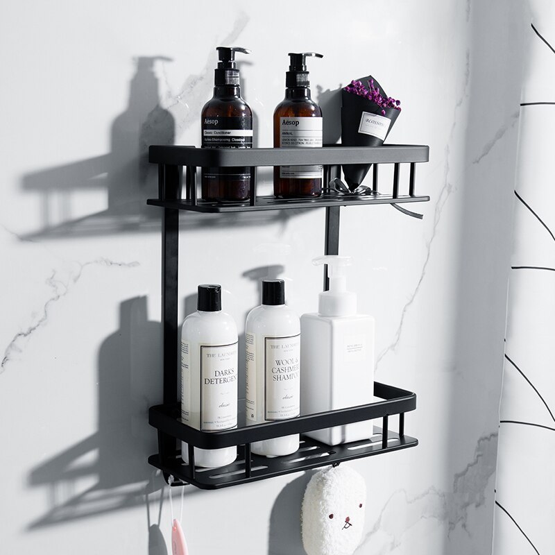 Badeværelse hylde tredobbelt vægmonteret perforeret toiletopbevaringsstativ sort toilet forfængelighed brusebadstativ
