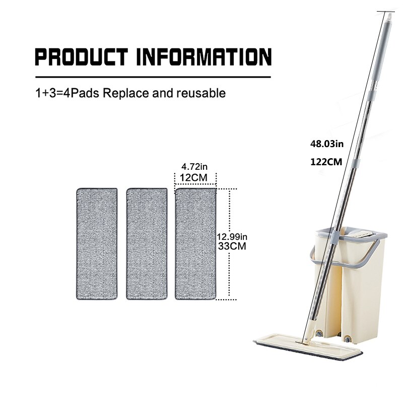 Hands Free Squeeze Mop with Bucket Home Kitchen Floor Mop 360 Rotating Flat Mop Lazy Mops Household Cleaning Tool: beige 4 rags
