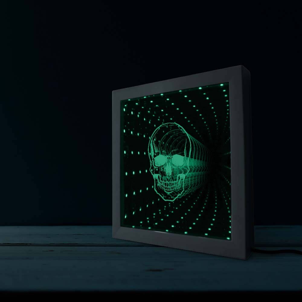 Horreur tête de crâne tenture murale infini miroir mort os squelette Tunnel Vision miroir éclairé Halloween fête décor cadre